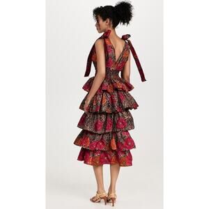 ELISAMAMA Sz S Small One Midi Dress Fuchsia Orange Black Floral Tiered Ruffle